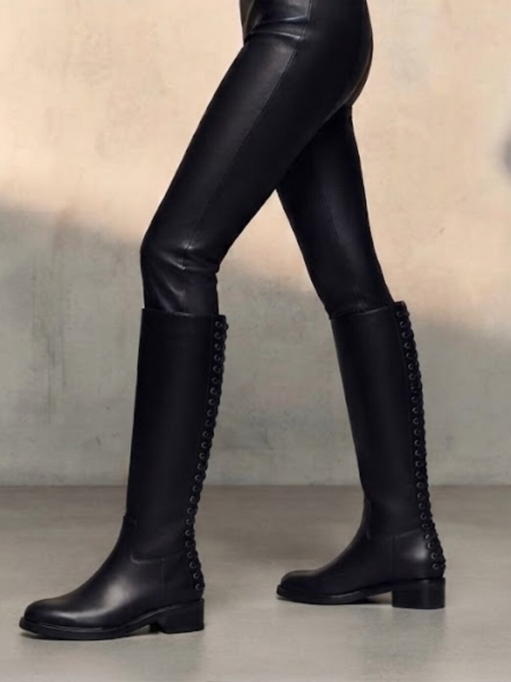 Allons! Black Genuine Leather Knee High Lace-Up Combat Boots Size 6